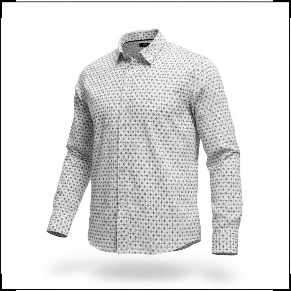 BOSS Geometric Print Button Down Shirt Mens XL White Black Slim Fit Long Sleeve